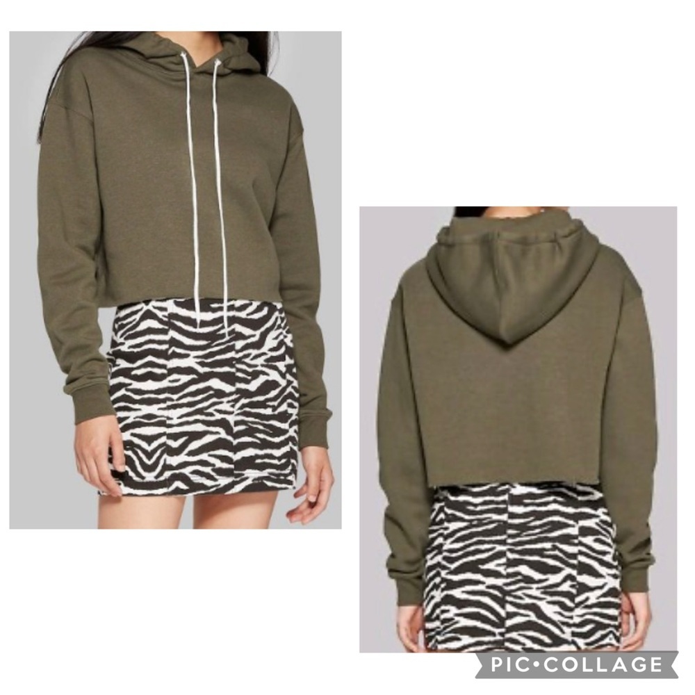 New WILD FABLE Women’s Olive Green Cropped Hoodie Sweatshirt Long Sleeve Size S